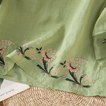 Buddha Stones Casual Floral Embroidery Crew Neck Women's Frog-Button Polyester Half Sleeve Shirt