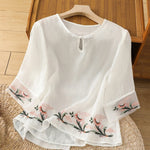 Buddha Stones Casual Floral Embroidery Crew Neck Women's Frog-Button Polyester Half Sleeve Shirt