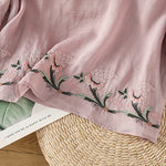 Buddha Stones Casual Floral Embroidery Crew Neck Women's Frog-Button Polyester Half Sleeve Shirt