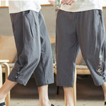 Buddha Stones Crane Embroidery Cotton Men's Cropped Harem Pants With Pockets