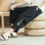 Buddha Stones Crane Embroidery Cotton Men's Cropped Harem Pants With Pockets