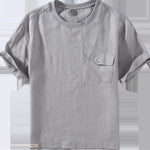 Buddha Stones Crew Neck Simple Design Men's Short Sleeve Linen Shirt With Pocket