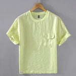 Buddha Stones Crew Neck Simple Design Men's Short Sleeve Linen Shirt With Pocket