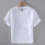 Buddha Stones Crew Neck Simple Design Men's Short Sleeve Linen Shirt With Pocket