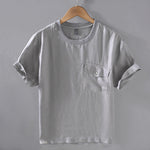 Buddha Stones Crew Neck Simple Design Men's Short Sleeve Linen Shirt With Pocket