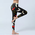 Buddha Stones White Red Gold Cranes Print Gym Leggings Women's Yoga Pants