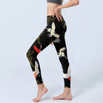 Buddha Stones White Red Gold Cranes Print Gym Leggings Women's Yoga Pants