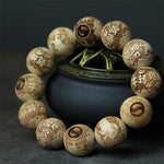 Buddha Stones Camphor Wood Yin Yang Ox Engraved Clarity Bracelet