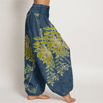 Buddha Stones Cotton Green Leaves Branches Women's Elastic Waist Harem Pants