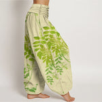 Buddha Stones Cotton Green Leaves Branches Women's Elastic Waist Harem Pants