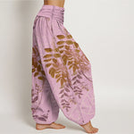 Buddha Stones Cotton Green Leaves Branches Women's Elastic Waist Harem Pants