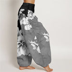 Buddha Stones Cotton Camellia Pattern Women's Elastic Waist Harem Pants
