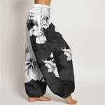 Buddha Stones Cotton Camellia Pattern Women's Elastic Waist Harem Pants
