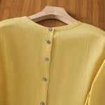Buddha Stones Plain Lace Hem Single Breasted Button Cotton Linen Three Quarter Sleeve Women's Crew Neck Shirt