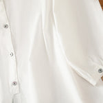 Buddha Stones Plain Lace Hem Single Breasted Button Cotton Linen Three Quarter Sleeve Women's Crew Neck Shirt
