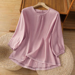 Buddha Stones Plain Lace Hem Single Breasted Button Cotton Linen Three Quarter Sleeve Women's Crew Neck Shirt
