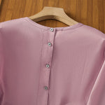 Buddha Stones Plain Lace Hem Single Breasted Button Cotton Linen Three Quarter Sleeve Women's Crew Neck Shirt
