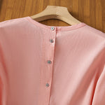 Buddha Stones Plain Lace Hem Single Breasted Button Cotton Linen Three Quarter Sleeve Women's Crew Neck Shirt