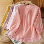 Buddha Stones Plain Lace Hem Single Breasted Button Cotton Linen Three Quarter Sleeve Women's Crew Neck Shirt