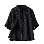 Buddha Stones Retro Plain Fake Two Pieces Button Half Sleeve Design Women's Cotton Linen Shirt