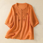 Buddha Stones Rose Floral Embroidery Button Half Sleeve Women's Cotton Shirt
