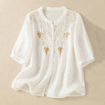 Buddha Stones Rose Floral Embroidery Button Half Sleeve Women's Cotton Shirt