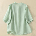 Buddha Stones Rose Floral Embroidery Button Half Sleeve Women's Cotton Shirt