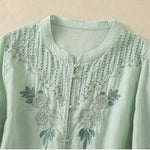 Buddha Stones Rose Floral Embroidery Button Half Sleeve Women's Cotton Shirt