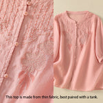 Buddha Stones Rose Floral Embroidery Button Half Sleeve Women's Cotton Shirt