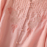 Buddha Stones Rose Floral Embroidery Button Half Sleeve Women's Cotton Shirt