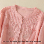 Buddha Stones Rose Floral Embroidery Button Half Sleeve Women's Cotton Shirt