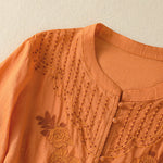 Buddha Stones Rose Floral Embroidery Button Half Sleeve Women's Cotton Shirt