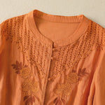 Buddha Stones Rose Floral Embroidery Button Half Sleeve Women's Cotton Shirt