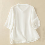 Buddha Stones Rose Floral Embroidery Button Half Sleeve Women's Cotton Shirt