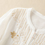 Buddha Stones Rose Floral Embroidery Button Half Sleeve Women's Cotton Shirt