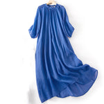Buddha Stones Plain Drawstring Three Quarter Puff Sleeve Cotton Linen Midi Dress With Pockets