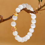 Buddha Stones 925 Sterling Silver Peach Blossom Lucky Bag White Cat's Eye Luck Bracelet