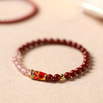 Buddha Stones Natural Cinnabar Pink Crystal Strawberry Quartz Lucky Koi Fish Blessing Bracelet