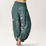 Buddha Stones Pure Cotton Pink White Flowers Bamboo Leaves Fruits Design Women's Elastic Waist Harem Pants