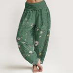 Buddha Stones Pure Cotton Pink White Flowers Bamboo Leaves Fruits Design Women's Elastic Waist Harem Pants
