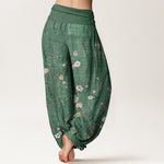 Buddha Stones Pure Cotton Pink White Flowers Bamboo Leaves Fruits Design Women's Elastic Waist Harem Pants