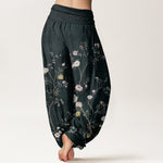 Buddha Stones Pure Cotton Pink White Flowers Bamboo Leaves Fruits Design Women's Elastic Waist Harem Pants