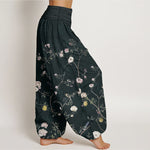 Buddha Stones Pure Cotton Pink White Flowers Bamboo Leaves Fruits Design Women's Elastic Waist Harem Pants