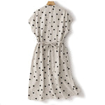 Buddha Stones Polka Dot V-Neck Lace-up Women's Midi Dress With Pockets