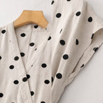 Buddha Stones Polka Dot V-Neck Lace-up Women's Midi Dress With Pockets