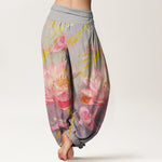 Buddha Stones Cotton Casual Lotus Flower Koi Fish Pattern Women's Harem Pants