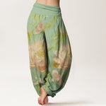 Buddha Stones Cotton Casual Lotus Flower Koi Fish Pattern Women's Harem Pants