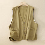 Buddha Stones Solid Color Front Buttons Sleeveless Women's Cotton Waistcoat With Pockets