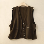 Buddha Stones Solid Color Front Buttons Sleeveless Women's Cotton Waistcoat With Pockets