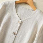 Buddha Stones Spring Plain Buttons Design V-Neck Long Sleeve Women's Shirt